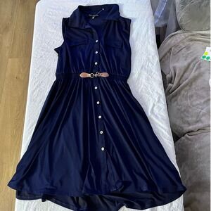 Ryan Michelle Navy Blue Sleeveless Button Front Belted Shirtdress Size S